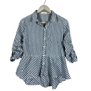 Love Notes Striped Peplum Button Down Shirt Navy White Roll Tab Sleeve Size M